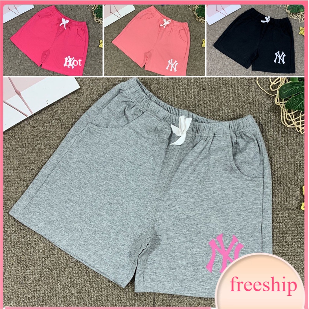 Quần cộc cho bé 10-18 tuổi vải cotton in chữ NY, Quần đùi bé gái size đại co giãn thấm hút mồ hôi