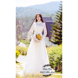 Váy cưới phi trắng phối ren tay ngắn đuôi cá dài