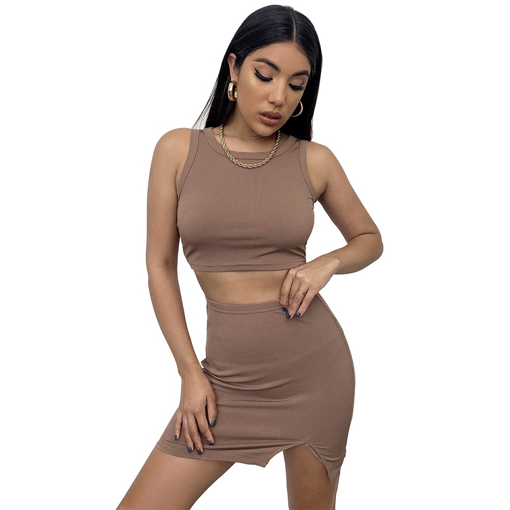 Bộ Áo Tank Top Cổ Tròn + Chân Váy Lưng Cao Xẻ Tà Thời Trang Dành Cho Nữ