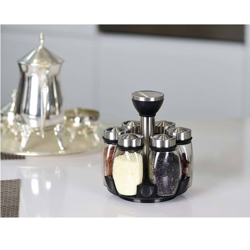 [CHÍNH HÃNG]Bộ 6 lọ đựng gia vị thủy tinh kèm giá để xoay 360 độ | BigBuy360 - bigbuy360.vn