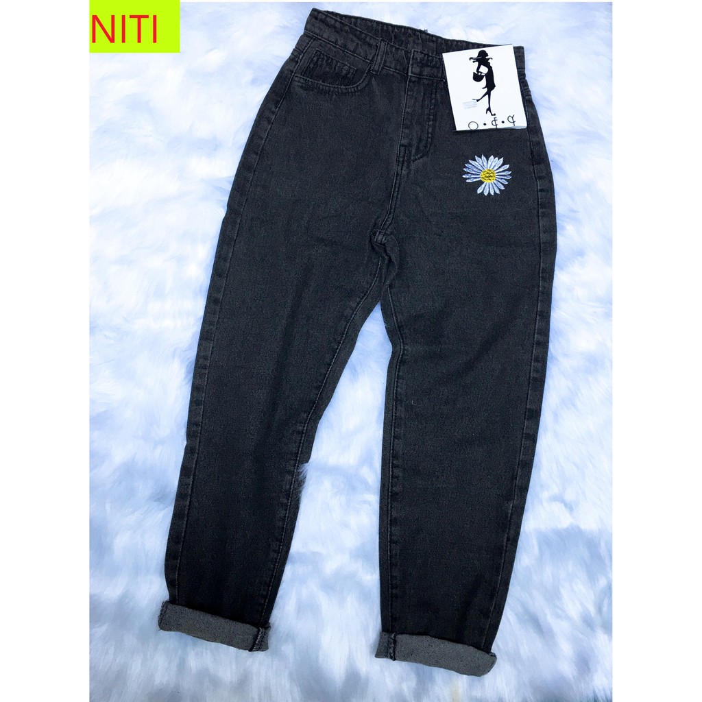 [ HÌNH THẬT TỰ CHỤP] QUẦN BAGGY JEAN NỮ LƯNG CAO MÀU XÁM ĐEN THÊU HOA CÚC SIÊU CÁ TÍNH