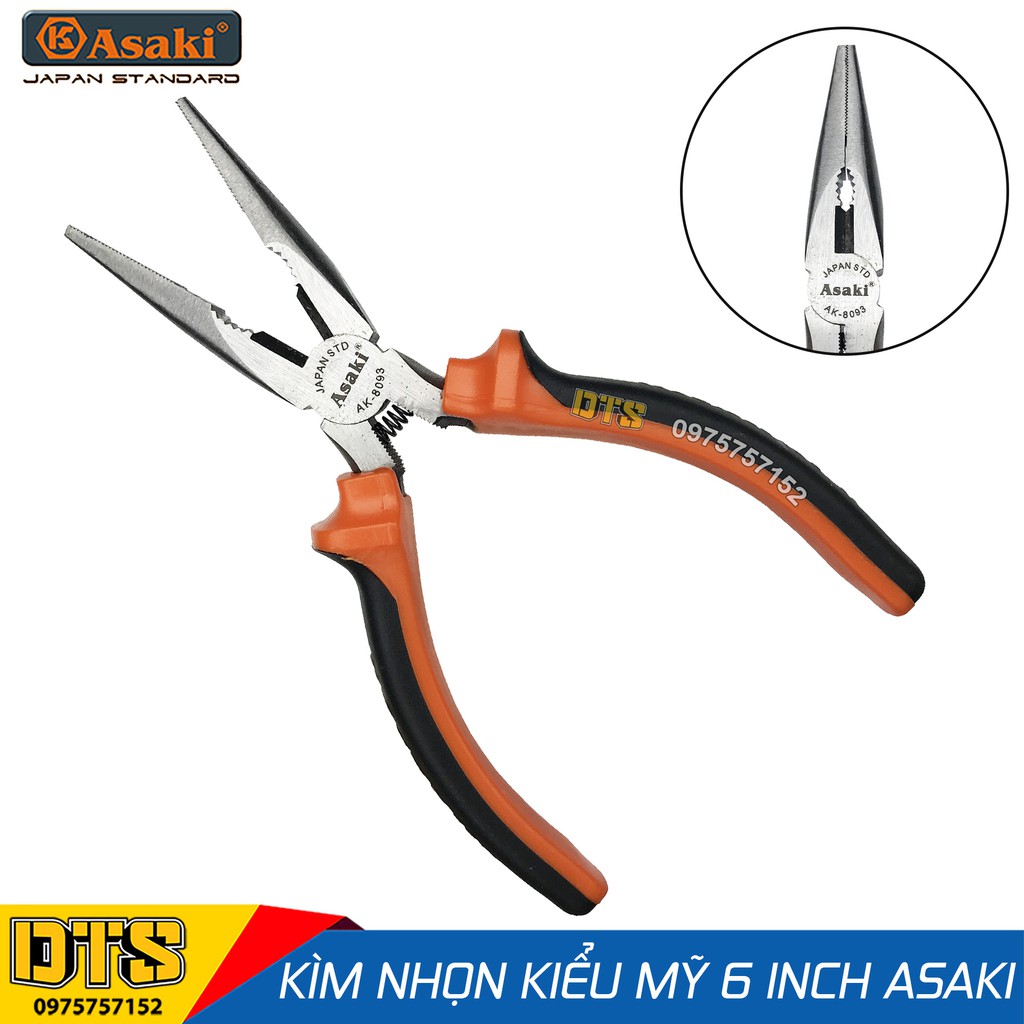 Kìm nhọn kiểu Mỹ Asaki A+cut Tech 6 inch/ 150mm, thép High Carbon độ cứng cao