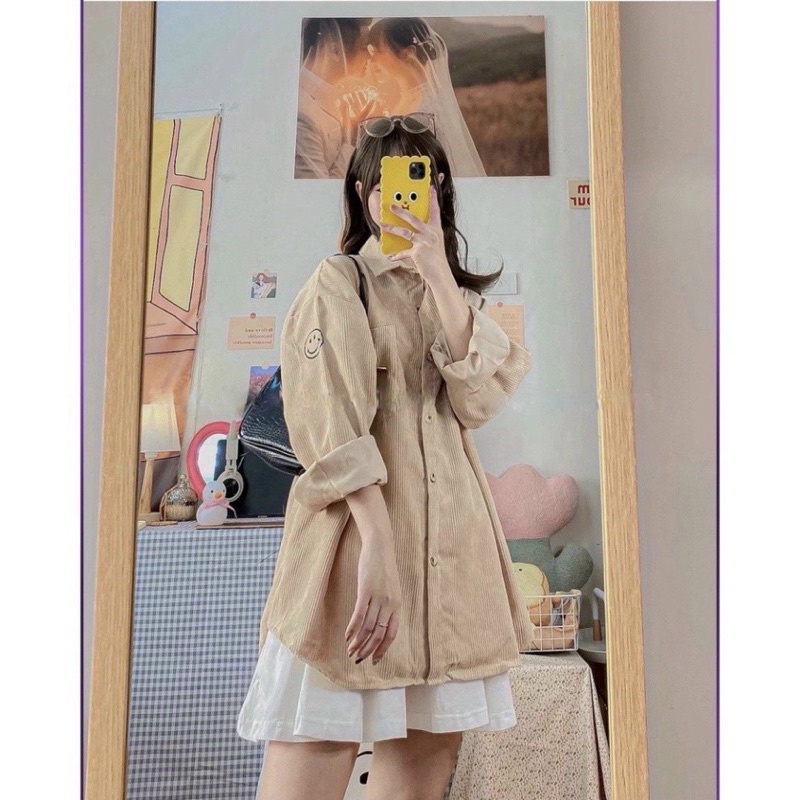 ÁO SƠ MI NHUNG TĂM THÊU MẶT CƯỜI,FREESIZE &lt;65kg