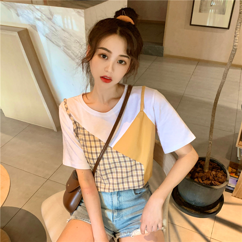 Áo Thun Ngắn Tay Phối Áo Ca Rô Trẻ Trung Dành Cho Nữ