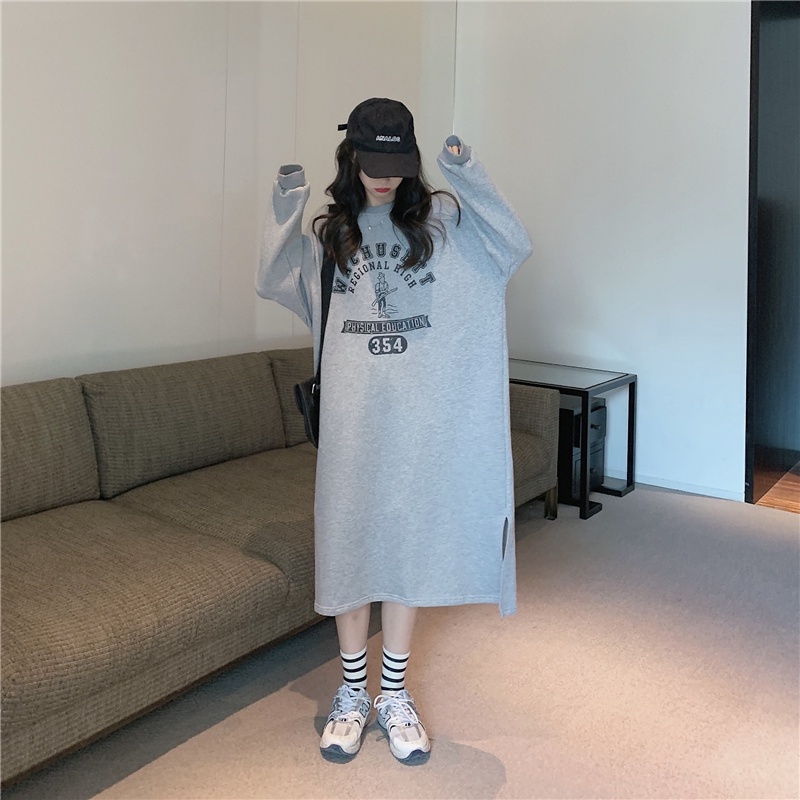 SUXI Đầm Midi Cổ Tròn Tay Dài Dáng Rộng In Chữ Thời Trang Xuân Thu Xinh Xắn Cho Nữ