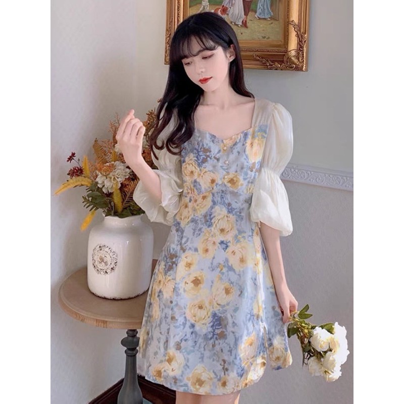 Đầm chiffon nữ in hoa tay bồng nhún nhẹ nhàng M50 | BigBuy360 - bigbuy360.vn