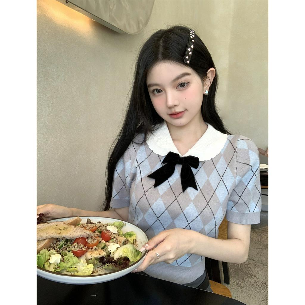 Áo Dệt Kim Tay Ngắn Cổ Búp Bê Phong Cách Hàn Quốc Thời Trang Cho Nữ