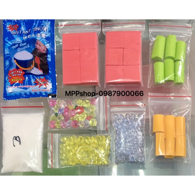 Sét trang trí làm slime: 1 gói tuyết bạc ,1 borax,2fisbow,1 kim cương ,2 xốp khúc Java ,2 xốp wafer