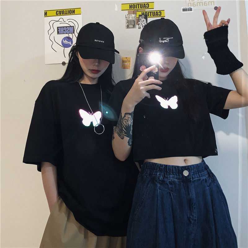 White tops for women Korean retro reflective butterfly print tshirt loose simple blouse black tops for women
