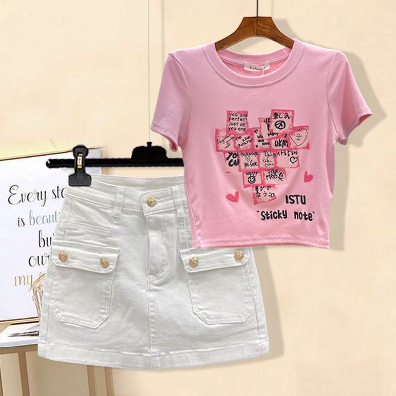 Jiashucheng Set Áo Ngắn Tay Plus Size + Quần Short Denim Lưng Cao Thời Trang Nữ