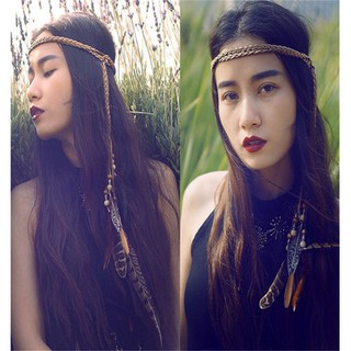 Headchain Lông vũ nâu đỏ phong cách vintage , boho, bohemian