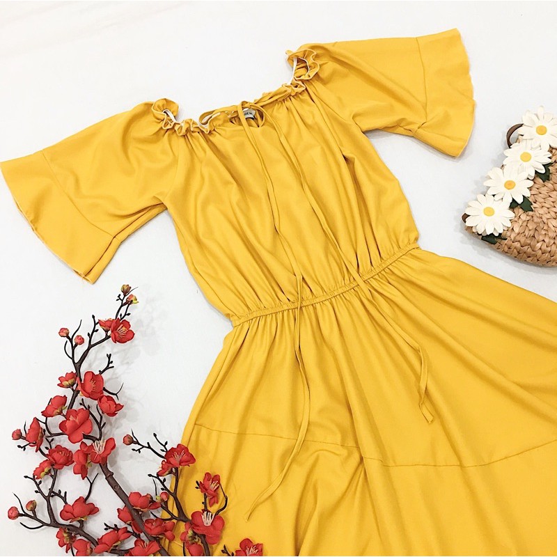 [Mã FAGREEN1505 giảm 10% tối đa 30K đơn 99K] Đầm vàng trễ vai bèo lai (kèm hình thật) | BigBuy360 - bigbuy360.vn