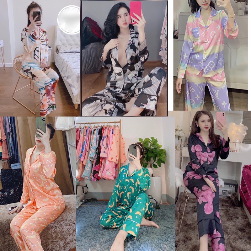 Bộ Lụa Satin Dài Tay Viền Mẫu Mới