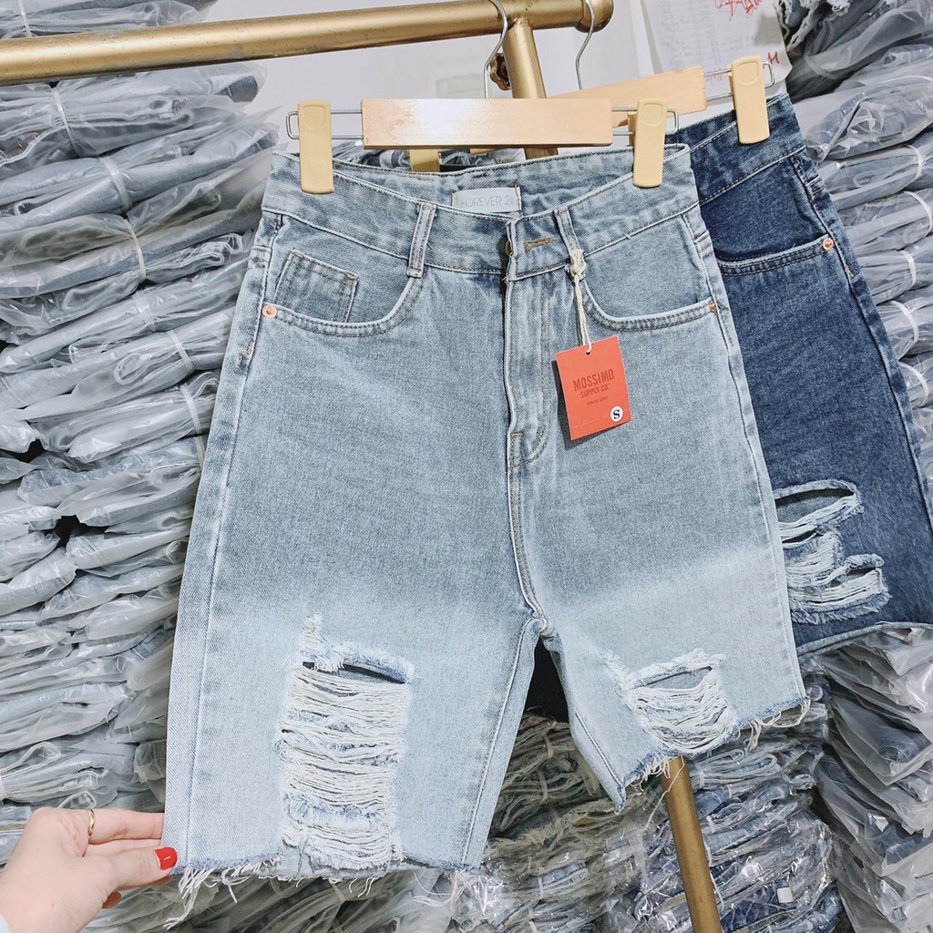 QUẦN SHORT LỬNG JEAN – BÒ NGÓ ĐÙI KIỂU NỮ LƯNG CAO XANH TRƠN BASIC RÁCH BỤI LOANG MÀU 47