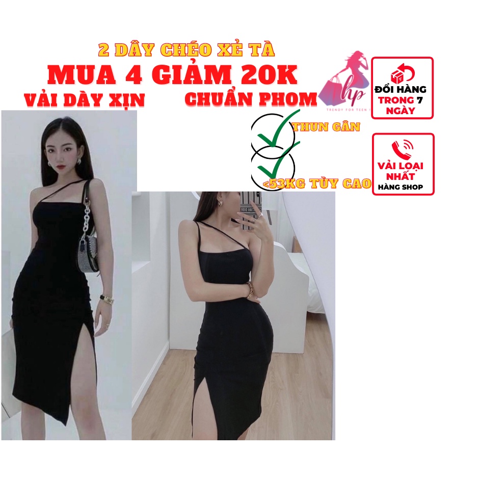 Váy đầm 2 dây nữ đan chéo xẻ tà đùi thun gân xịn màu đen sang chảnh dự tiệc VD130