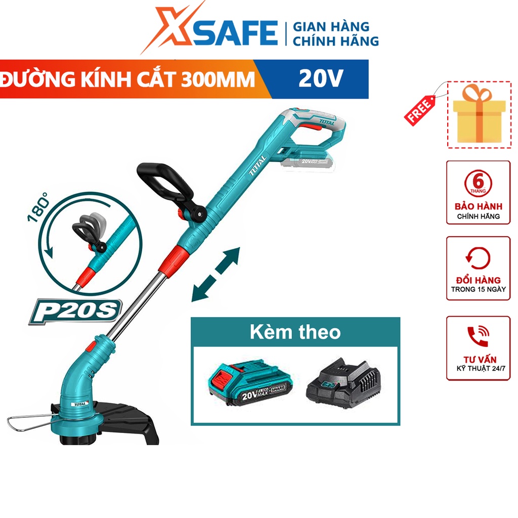 Máy cắt cỏ dùng pin Lithium-Ion 20V TOTAL TGTLI20301 (kèm pin và sạc), dây cước 1,6mm xoắn, chiều dài dây cước: 5m-XSAFE