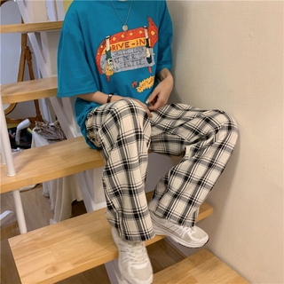 Quần Dài Lưng Cao Dáng Rộng Sọc Ca Rô Phong Cách retro Hàn Quốc Trẻ Trung