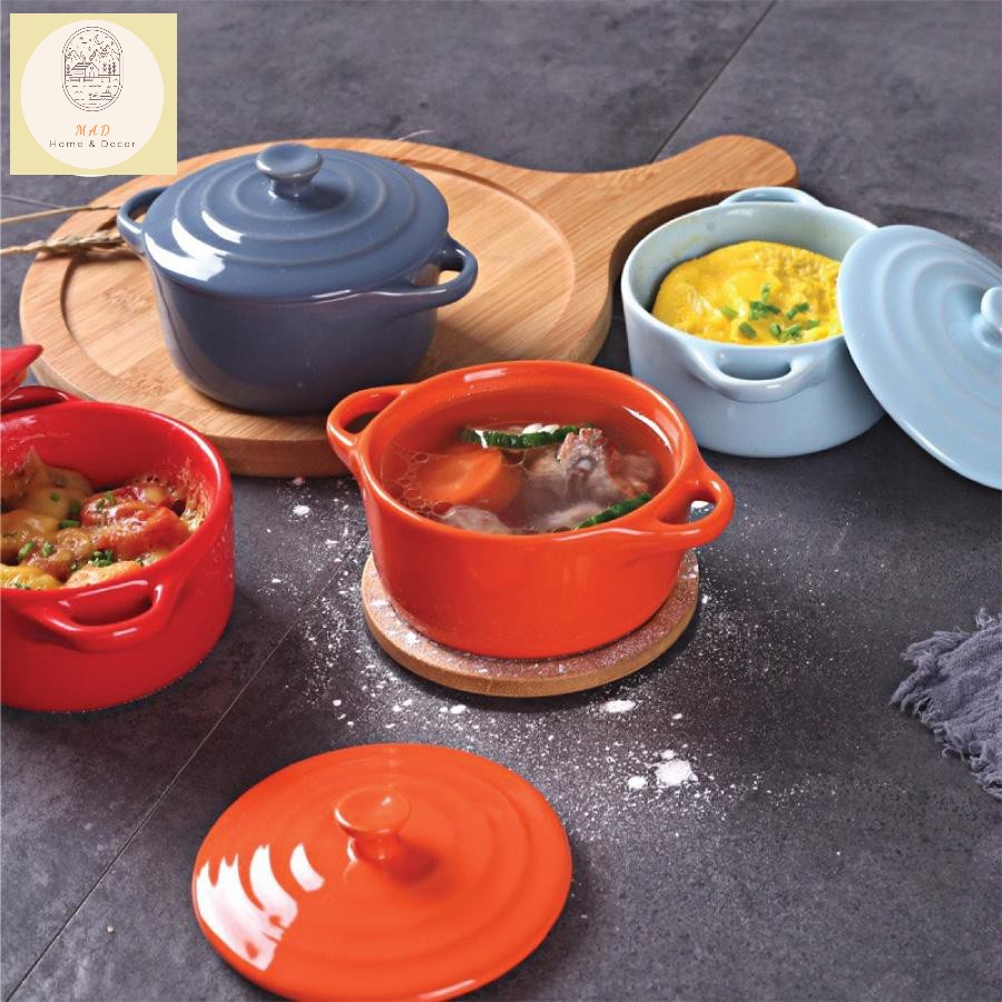 Bát sứ ăn dặm gốm sứ ramekin dành cho bé ăn dặm có quai kèm nắp đậy