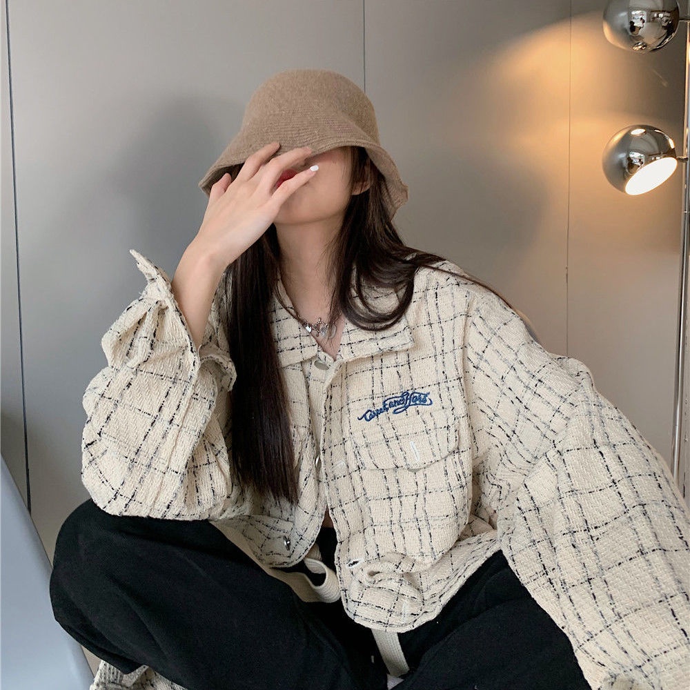 Áo khoác dáng rộng họa tiết sọc caro phong cách Hàn Quốc thời trang xuân thu dành cho nữ