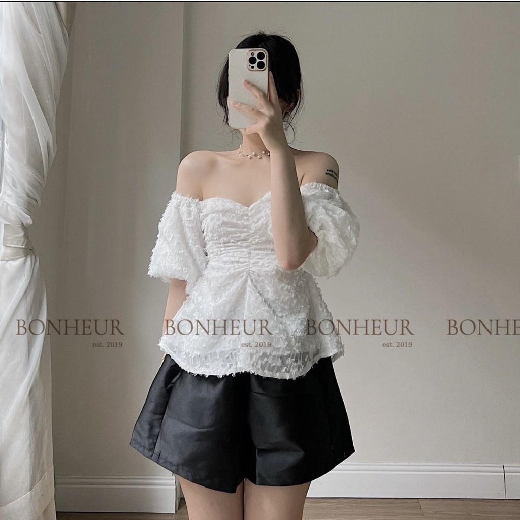 Áo Voan Trễ Vai Lông Vũ Nhún Ngực, Áo Trễ Vai Tiểu Thư Phong Cách March.Clothes
