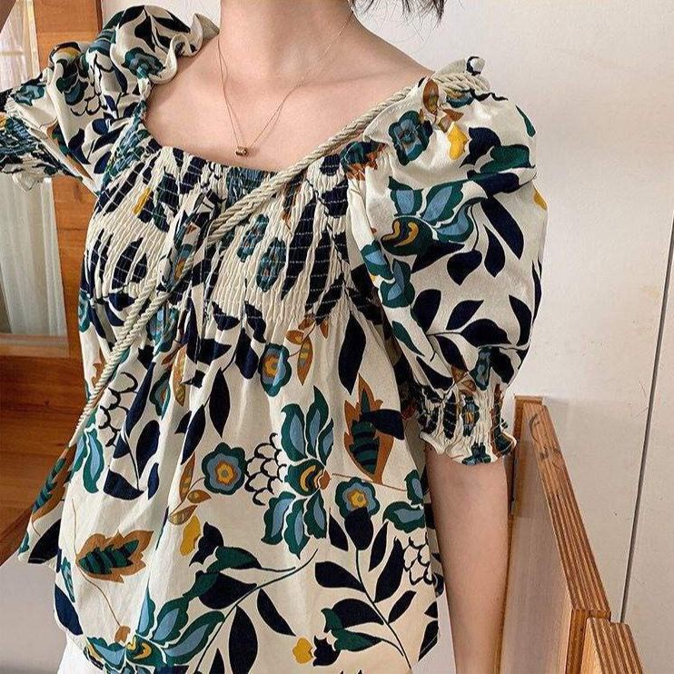 Áo Kiểu Nữ Tay Phồng Cổ Vuông Họa Tiết Hoa Xinh Xắn Thời Trang