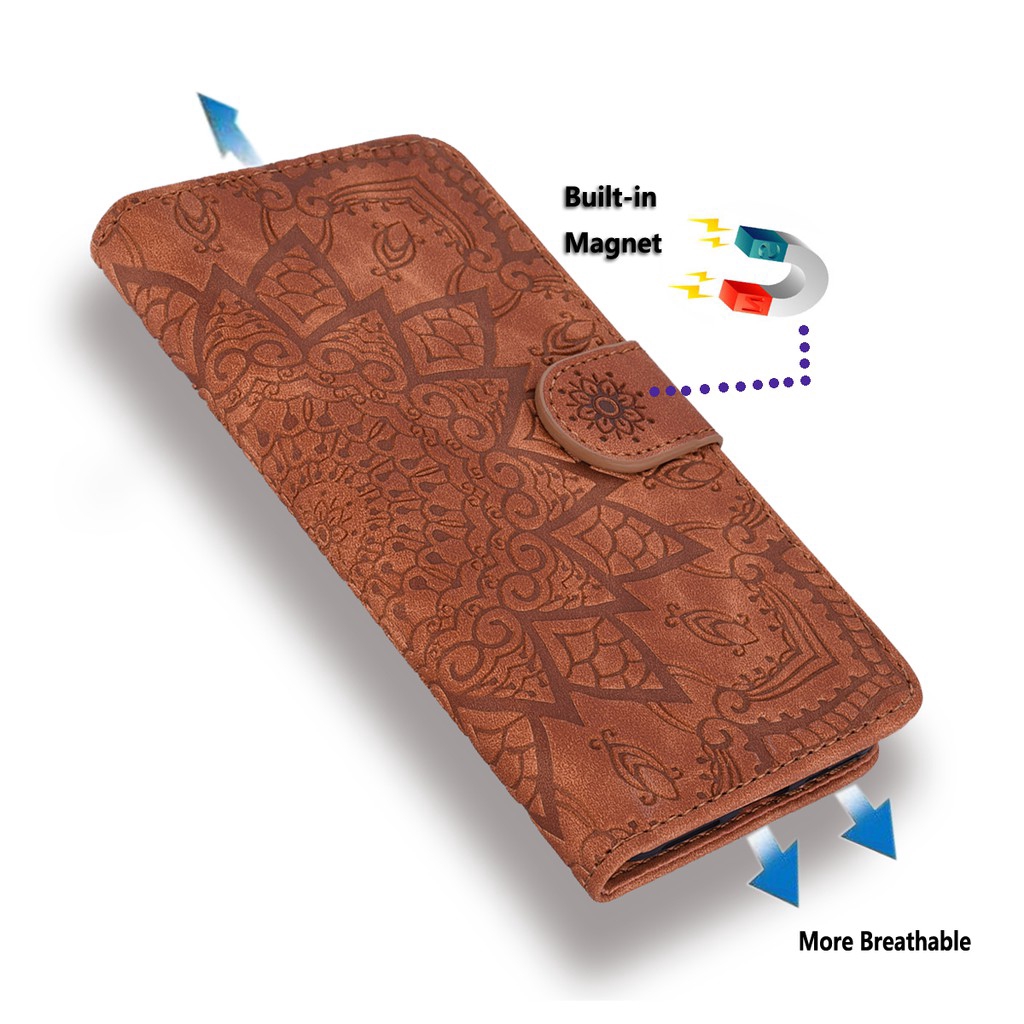 Xiaomi Mi 8 9 9T A3 Note 10 Pro Lite Poco F1 Mandala Embossed Leather Phone Case Magnet Flip Protection Wallet Card Slots Bracket Shockproof Soft Casing Cover Shell