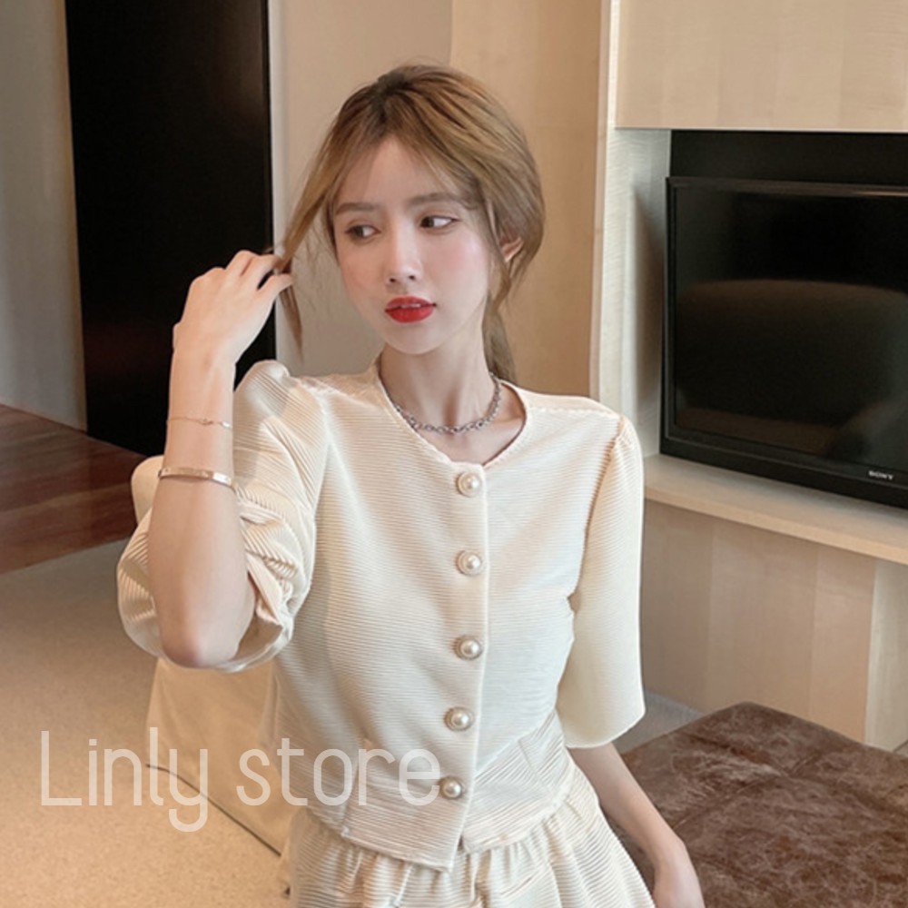 ÁO KIỂU CROPTOP PHỐI CÚC NGỌC - ÁO SƠ MI TAY PHỒNG 2 LỚP - CHẤT THUN DẬP LY A-CN | BigBuy360 - bigbuy360.vn