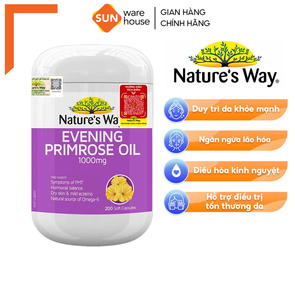 Viên Uống Hỗ Trợ Cân Bằng Nội Tiết Tố Nữ Nature's Way Evening Primrose Oil 200 Viên