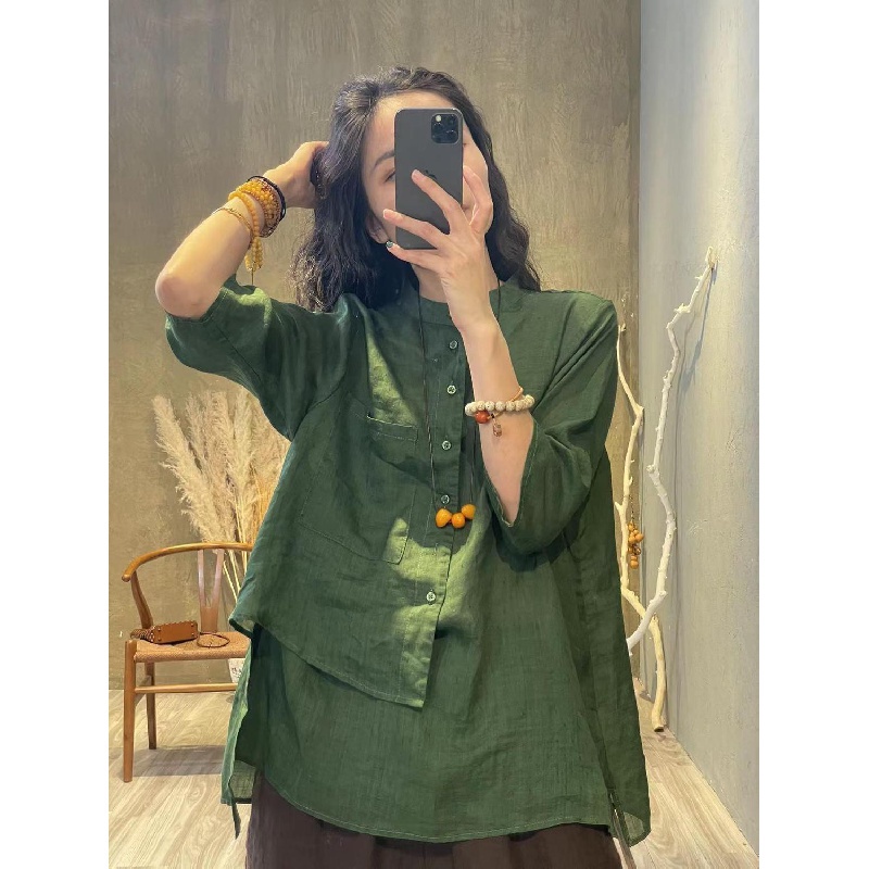Áo Sơ Mi Vải Lanh Cotton Mỏng Dáng Rộng Tay Lỡ 2 Thiết Kế Kiểu Retro Cho Nữ