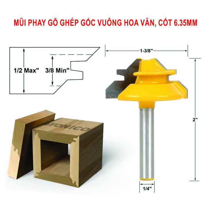 Mũi phay gỗ ghép gốc vuông hoa văn, phay ván dày từ 9.5 - 16.5mm, cốt 6.35mm _P_VA060010