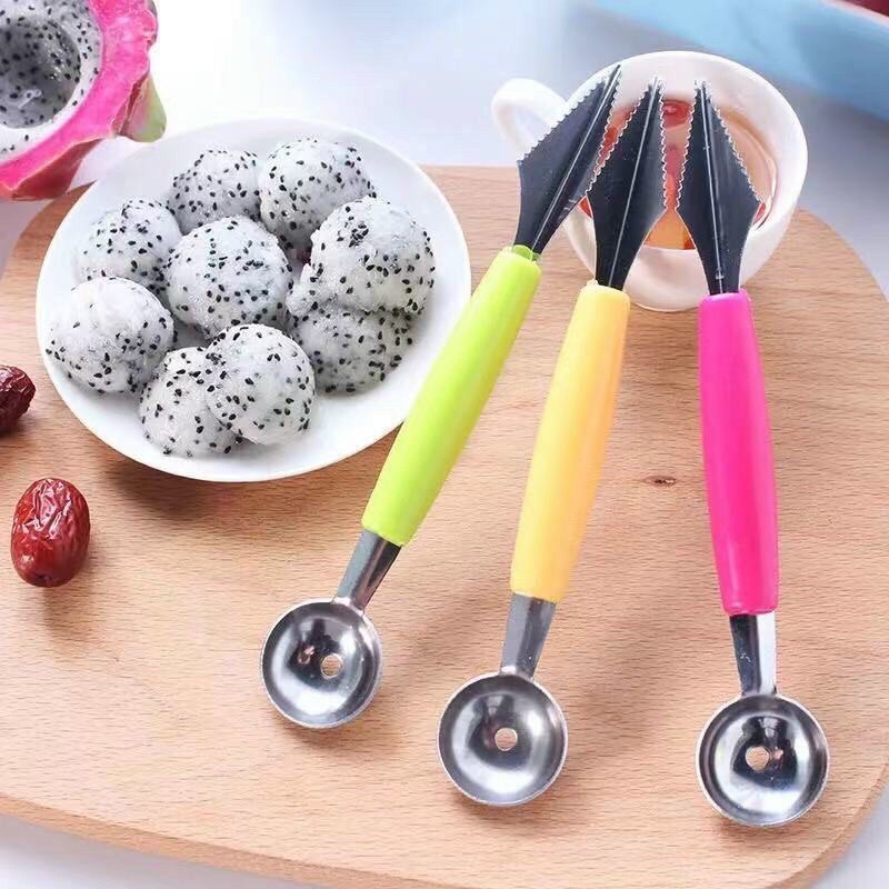 Dụng cụ dao thìa muỗng tròn cắt, tỉa khắc, múc,nạo tạo hình trái cây hoa quả 2 đầu innox tiện lợi