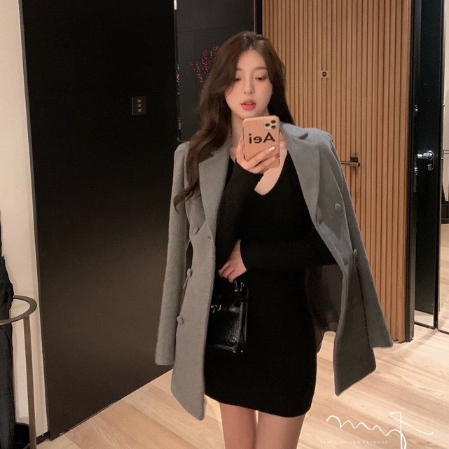 Đầm dự tiệc SUXI dài tay cổ chữ V dáng ôm phong cách Hàn Quốc thời trang mùa thu mới gợi cảm cho nữ