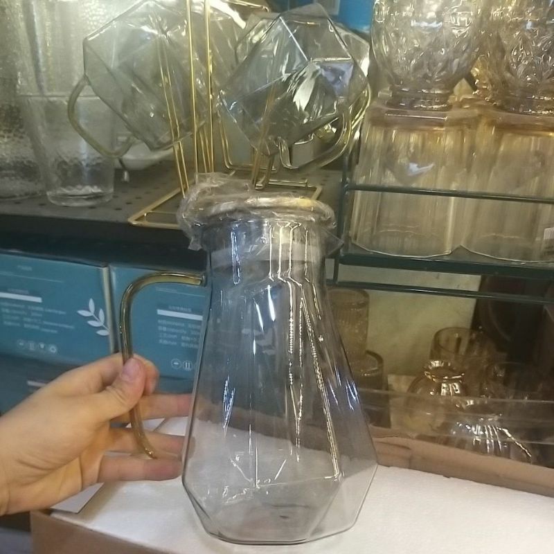 [ kèm ảnh thật ] Bộ bình 6 cốc thủy tinh chịu nhiệt ánh vàng,bạc . Bộ bình thủy tinh đựng nước