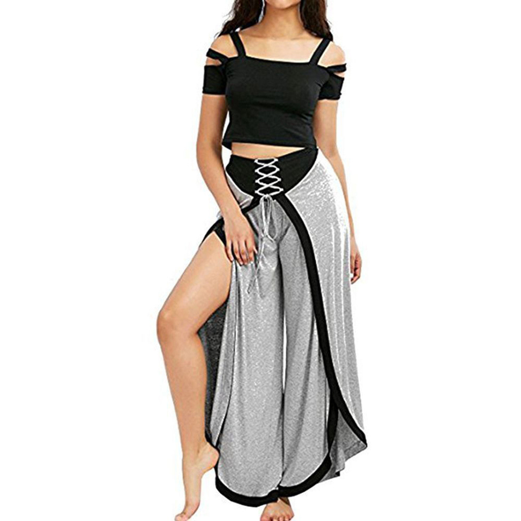 Women Sexy Wide Leg Pants Lace Up Loose High Waist Palazzo Flared Trousers