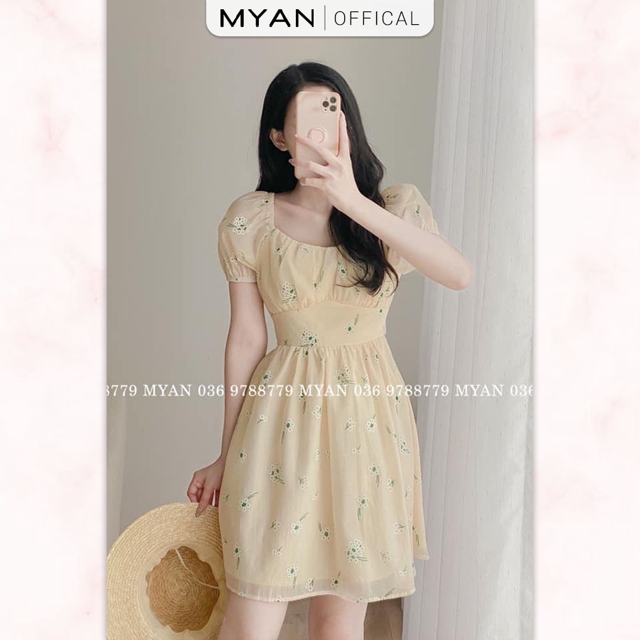 Váy Xòe Trễ Vai MYAN Thiết Kế Vải Voan Tơ Hoa Nhí Cổ Thuyền Thắt Nơ Lưng Vvn052216