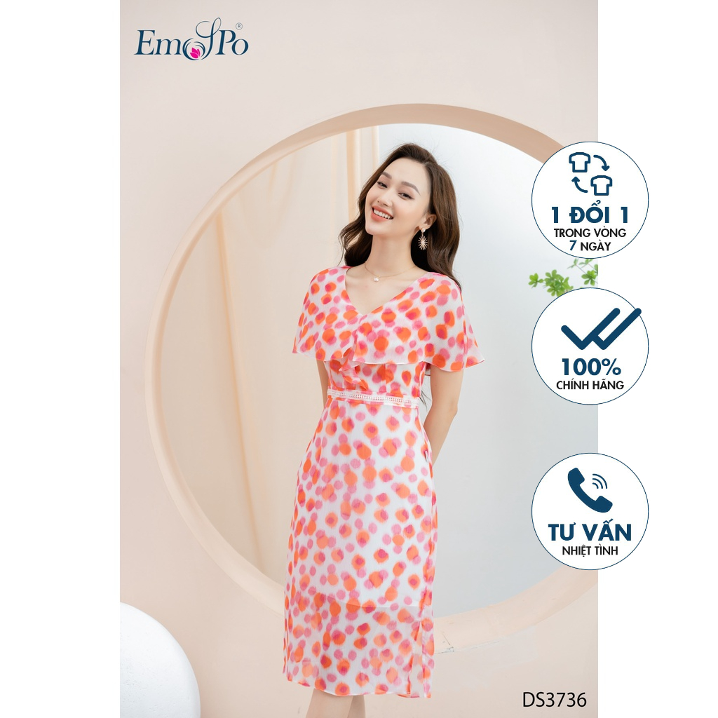 Đầm hoa Emspo cổ V, vai chùm, có đai ren nhấn eo DS3736