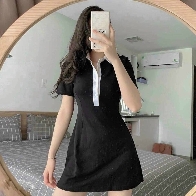 Đầm Thun Polo Cổ Viền Trắng Phối Nút Trendy Hình thật