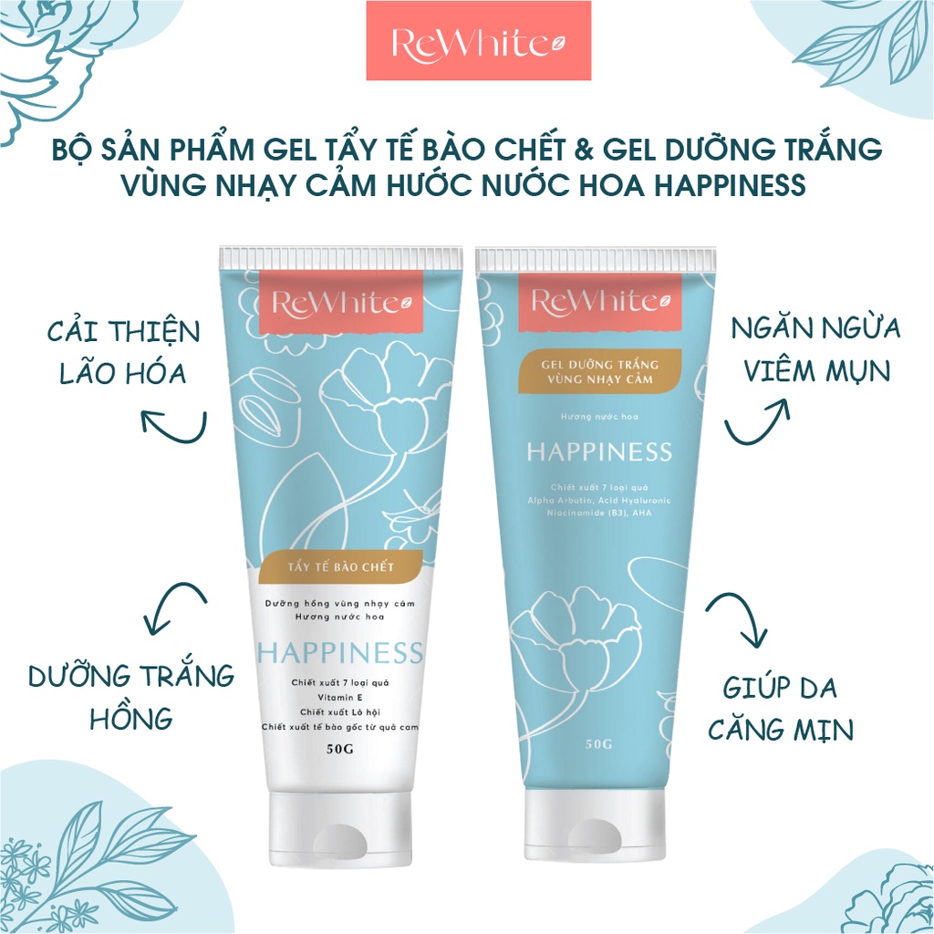 Combo Rewhitez tẩy tế bào chết và gel dưỡng trắng dành cho vùng nhạy cảm hương nước hoa Happiness (tuýp xanh)