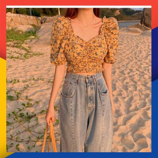 Áo hoa tay phồng nhún ngực bánh bèo