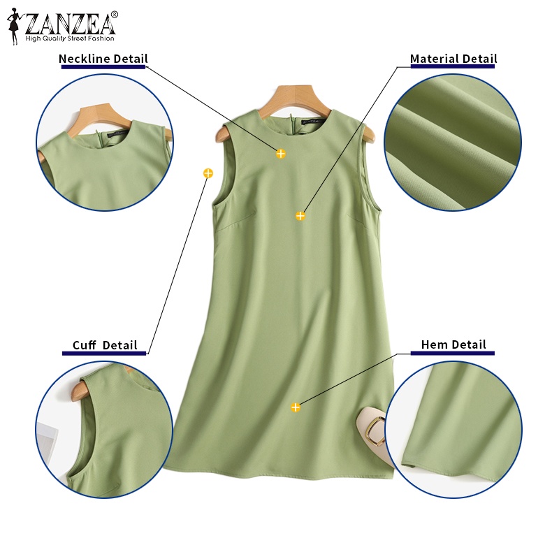 Zanzea Đầm Dài Qua Gối Không Tay Cổ Tròn Màu Trơn Thời Trang Hàn Quốc Thanh Lịch Dành Cho Nữ