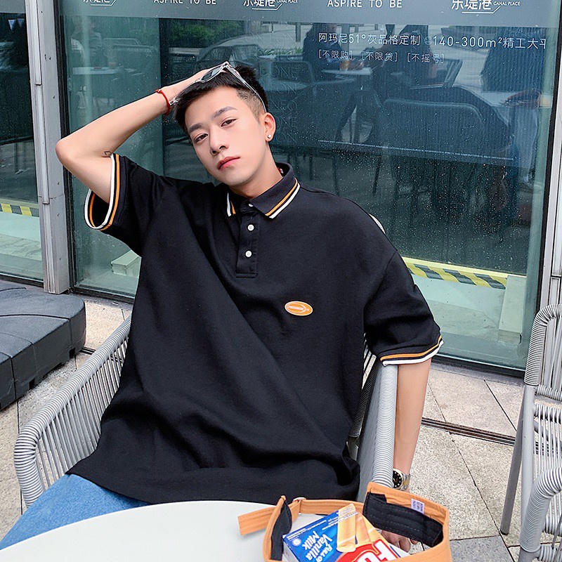 Áo thun polo ngắn tay dáng rộng kẻ sọc thời trang Hàn Quốc cho nam