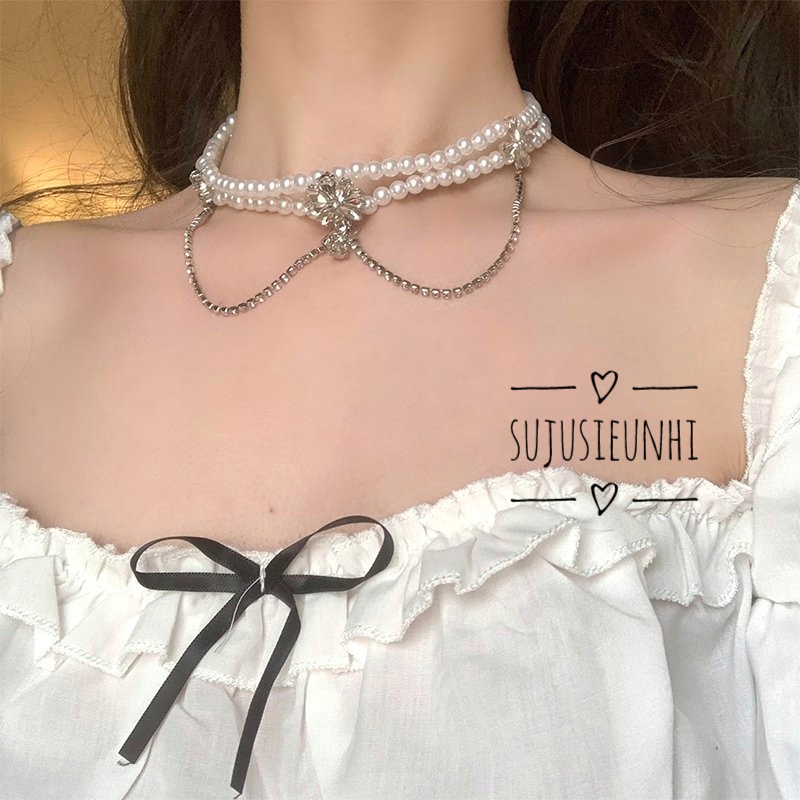 (2 mẫu) vòng cổ ngọc hoa đính đá nhân tạo buộc dây kiểu dáng dài sang trọng