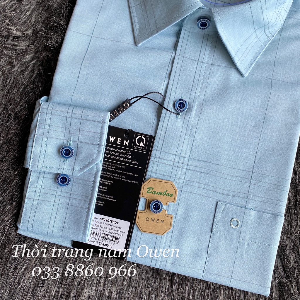 OWEN - Áo sơ mi dài tay Owen Regular fit chất sợi tre màu xanh bạc hà kẻ ca rô 220788