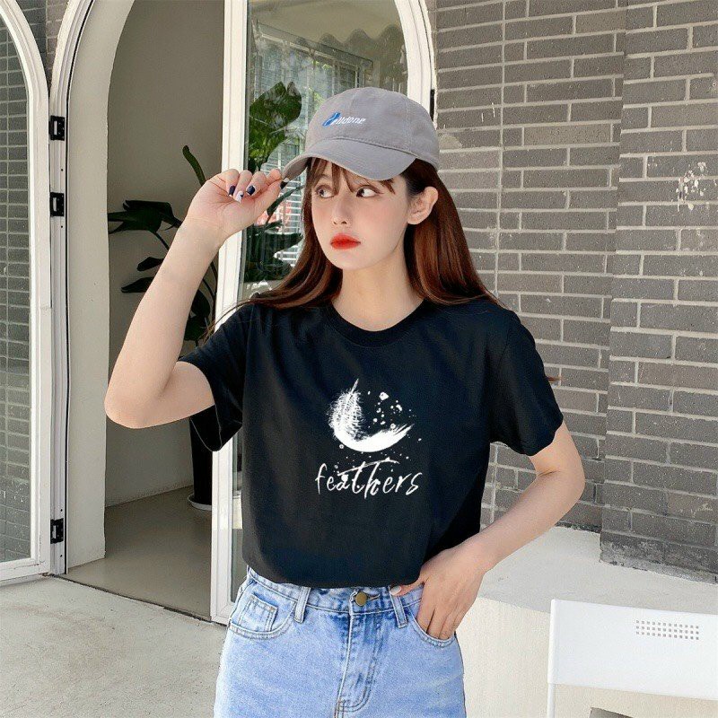 Áo thun nữ tay ngắn in hình lông vũ chất vài cotton co dãn freesize dưới 60kg | BigBuy360 - bigbuy360.vn