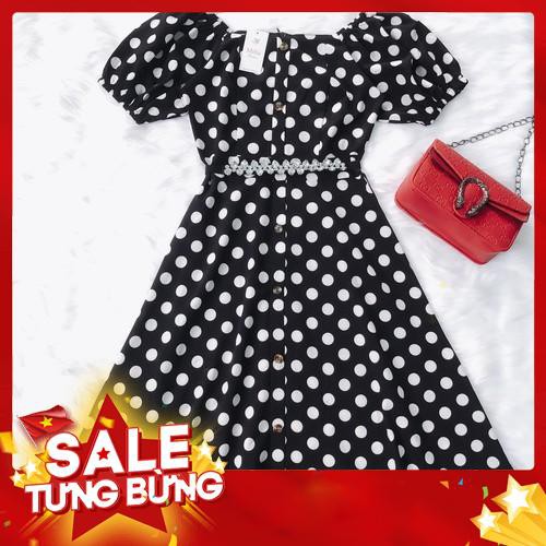 Đầm xòe phối nút chấm bi đen Misa Fashion MS348 - Dạo phố, công sở, dự tiệc -Hàng nhập khẩu