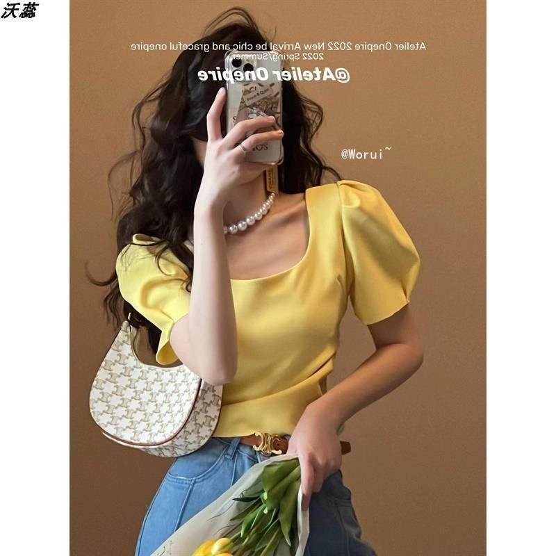 Áo Kiểu Tay Phồng Ngắn Cổ Vuông Màu Trơn Thời Trang Hàn Quốc Cho Nữ