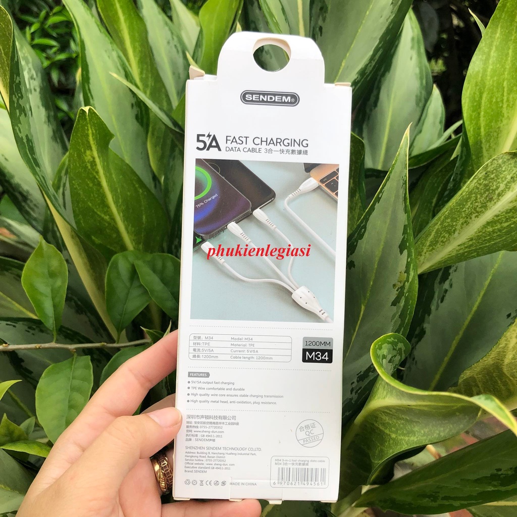 Cáp sạc 3 đầu Sendem M34 dòng 5A dài 1m2