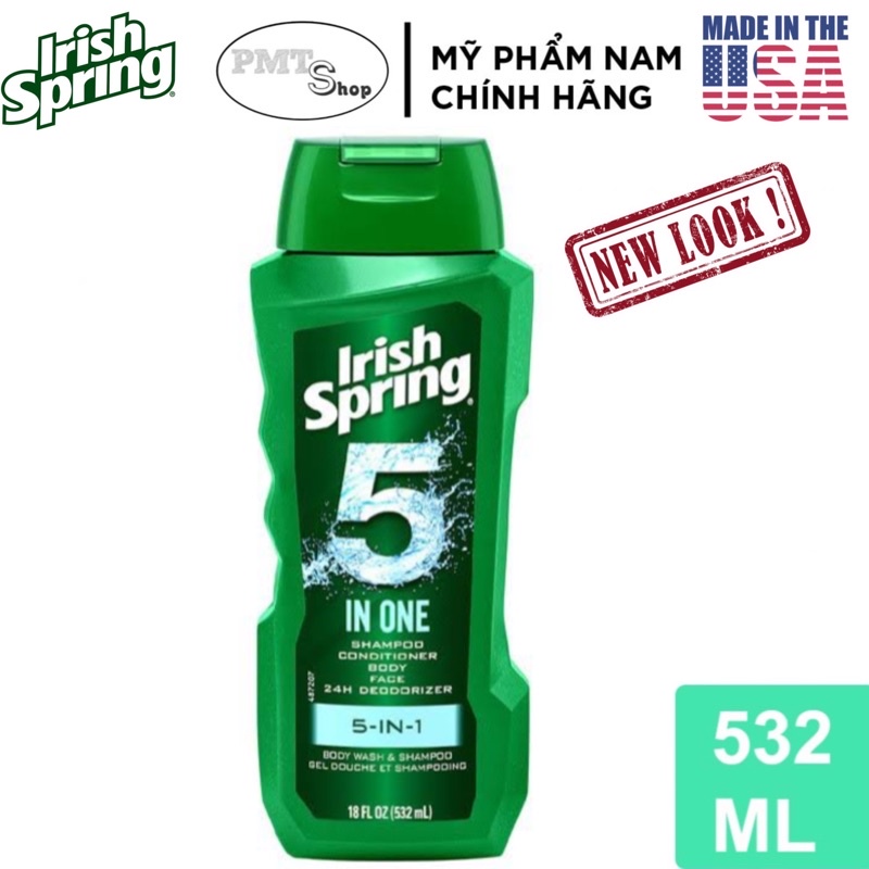 Sữa tắm gội toàn thân nam Irish Spring 5in1 Hair, Face, and Body Wash chai vòi 946ml | 532ml