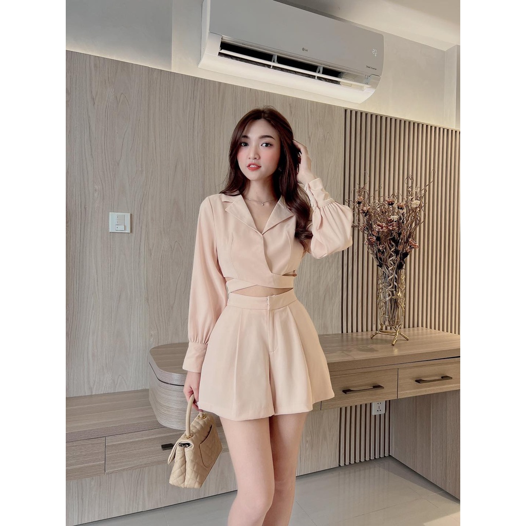 Sét bộ tuyết mưa áo sơ mi dài tay nhún eo phối quần đùi, màu sắc (Xanh dương, Xanh lá, Hồng, Da) sang chảnh