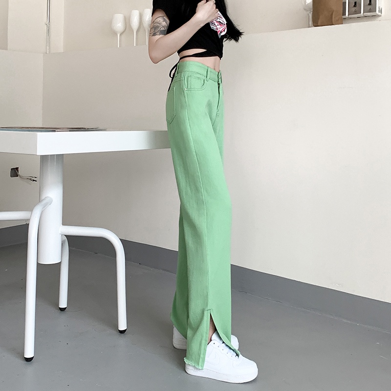 Quần Jean Dài Lưng Cao Dáng Rộng Xẻ Tà Màu Xanh Lá Nhạt Thời Trang Đường Phố Hợp Thời Trang Cho Nữ
